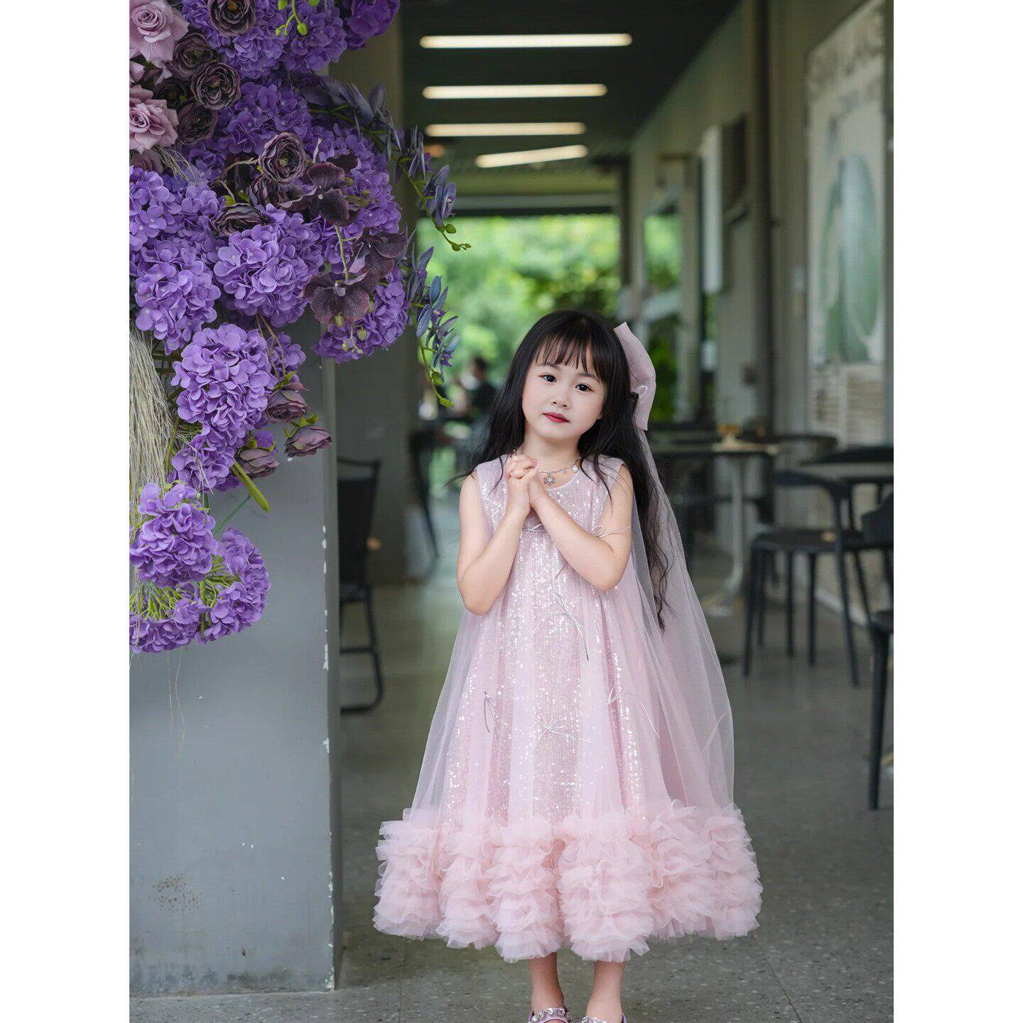 女童生日礼服裙子儿童套装粉色蝴蝶结洋装小女孩绝美蓬蓬裙公主裙