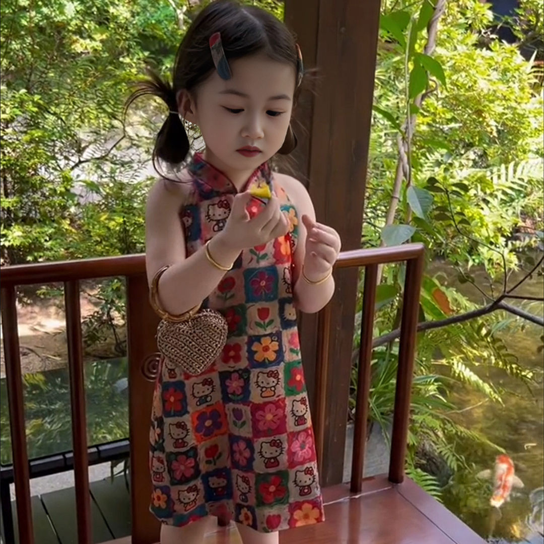 女宝周岁礼服女童Kitty猫新中式挂颈洋装儿童绝美旗袍裙公主裙