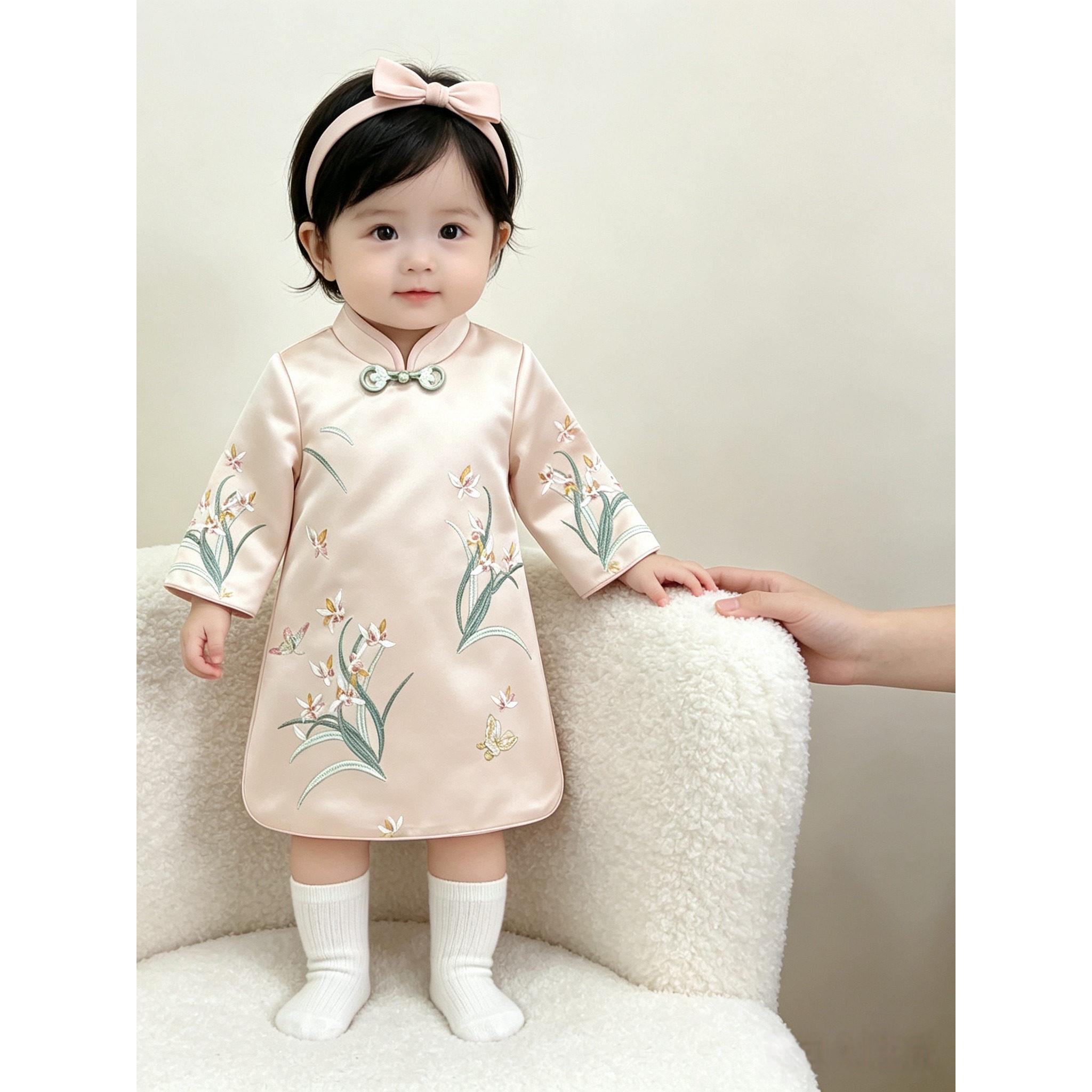女宝宝粉色刺绣旗袍连衣裙中国风公主裙婴儿周岁生日礼服长袖裙子