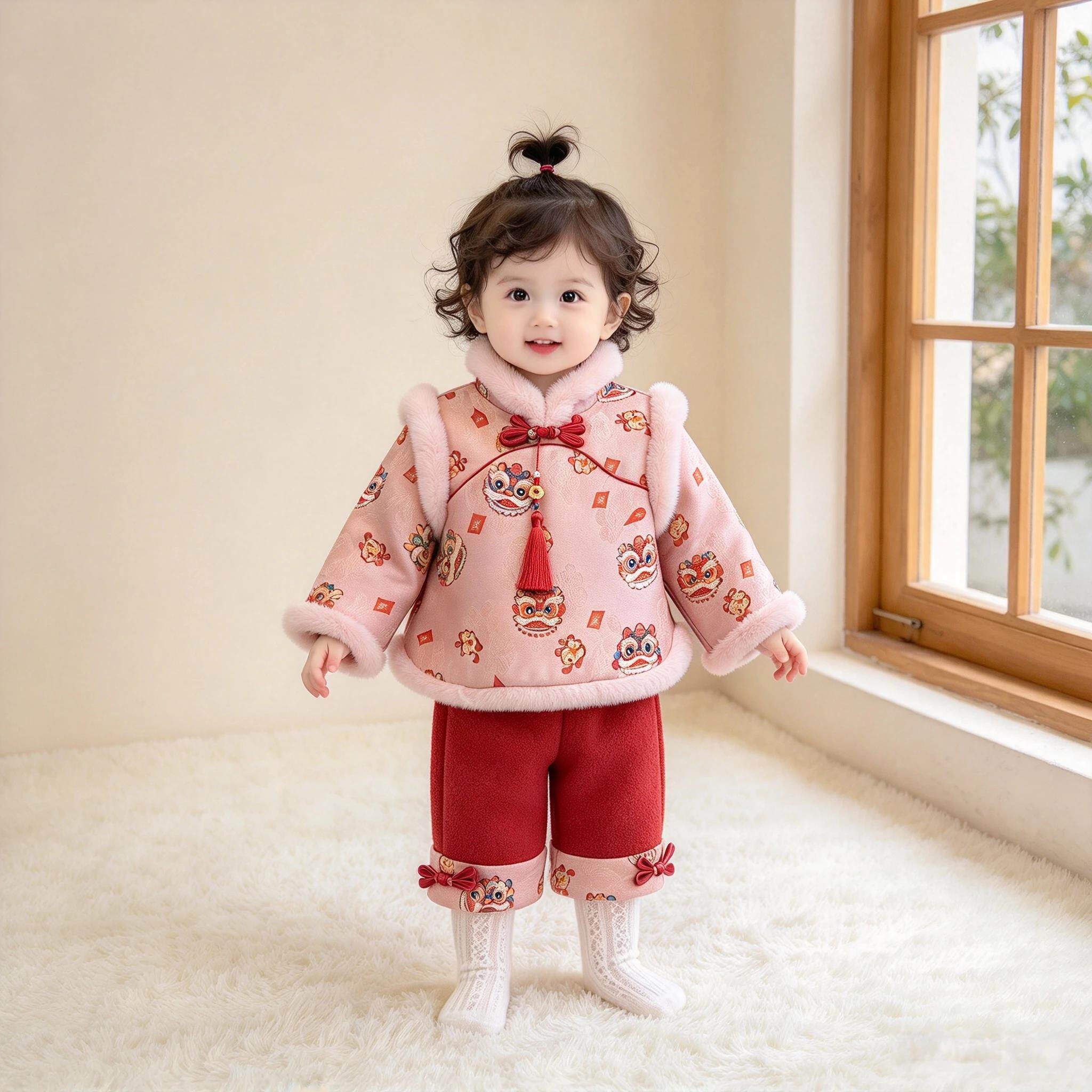 冬款儿童国风醒狮印花唐装套装2026粉上衣红裤子女宝宝抓周两件套