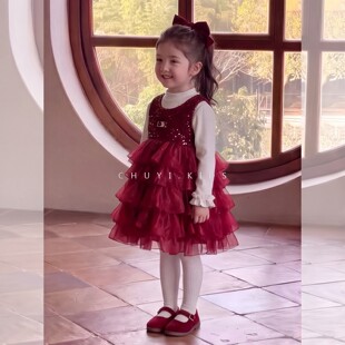女童洋气秋冬季加绒公主裙子套装宝宝加厚蓬蓬连衣裙红色喜庆保暖
