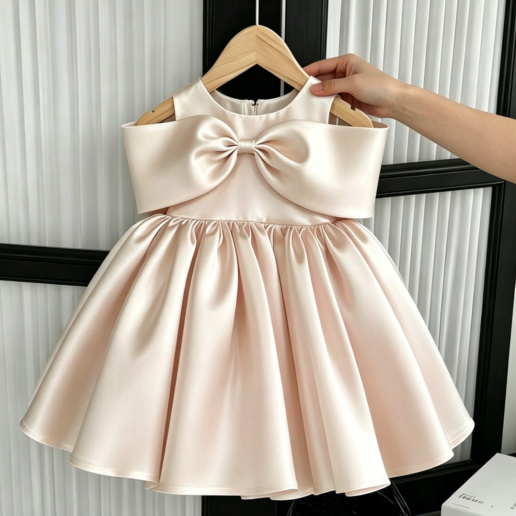 千金女童香槟色一字肩连衣裙女宝宝周岁生日礼服蝴蝶结背心公主裙