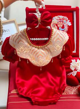 新中式女童红色连体衣新生儿周岁礼服爬服女宝宝国风包屁衣爬爬服
