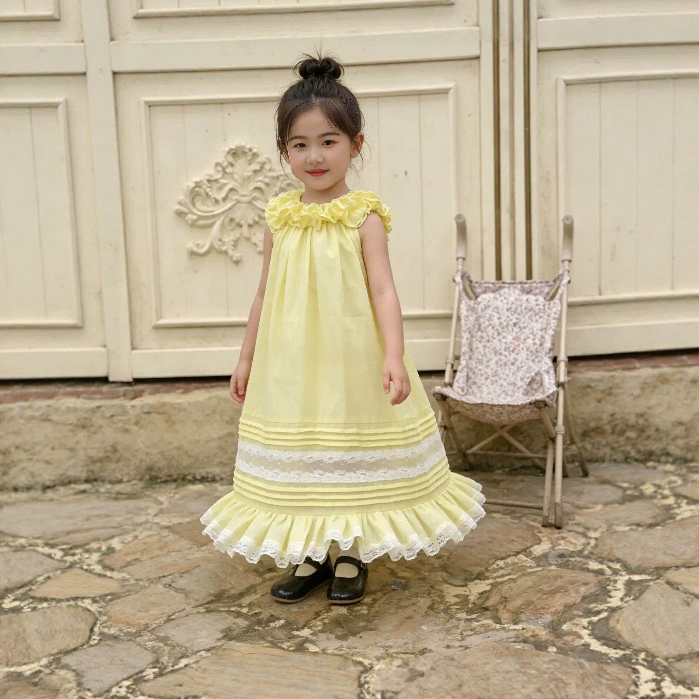 2026新款韩版休闲风女童木耳蕾丝花边背心裙夏季薄款黄色小公主裙