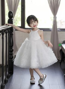 2026新款女童白色亮片装饰无袖网纱蓬蓬洋装夏季圆领挂颈公主裙