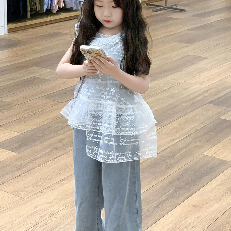 韩版女童夏季蕾丝花边背心套装儿童生日礼服洋气两件套夏日清凉风