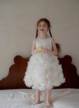 女童春装2026新款挂脖生日礼服连衣裙儿童花朵蓬蓬裙迪士尼公主裙