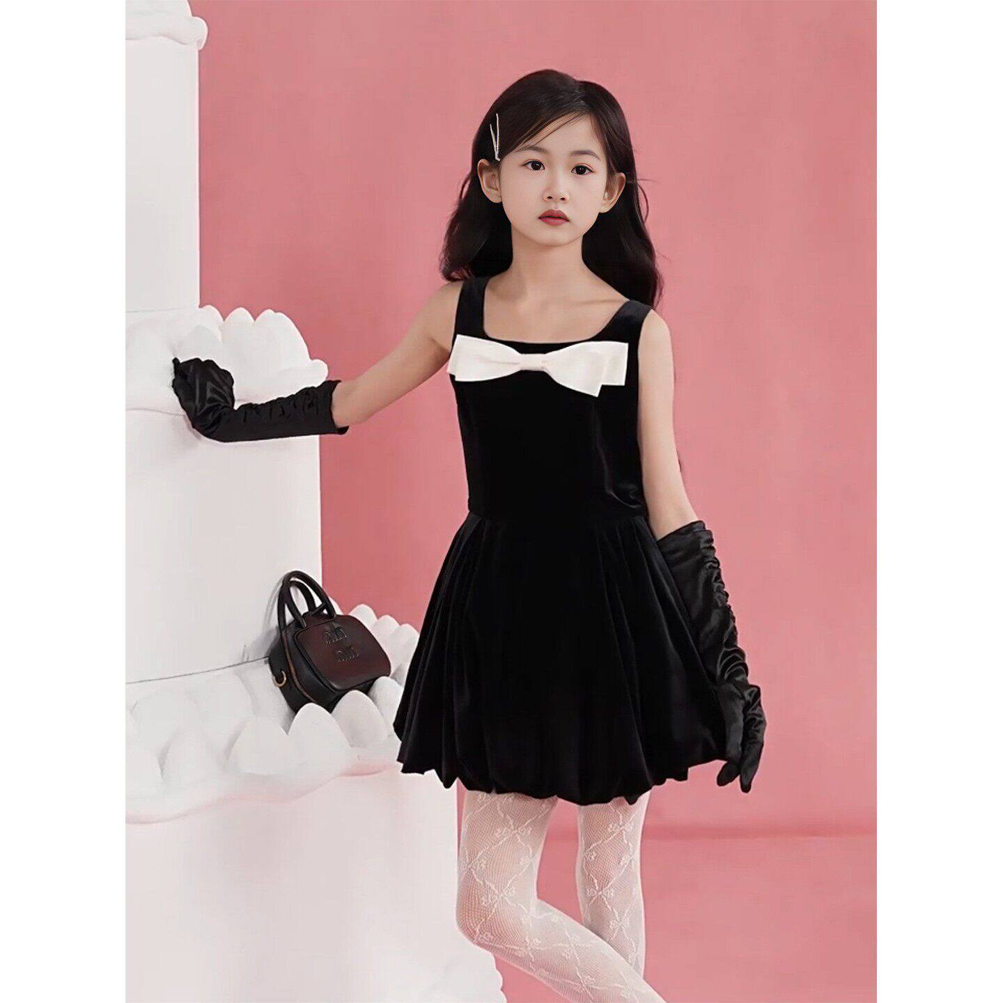 女童生日礼服裙赫本风蝴蝶结吊带裙子小女孩绝美蓬蓬裙公主裙