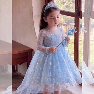 长袖气质公主裙女童生日高端礼服爱莎连衣裙子网纱裙秋季薄款蓝色