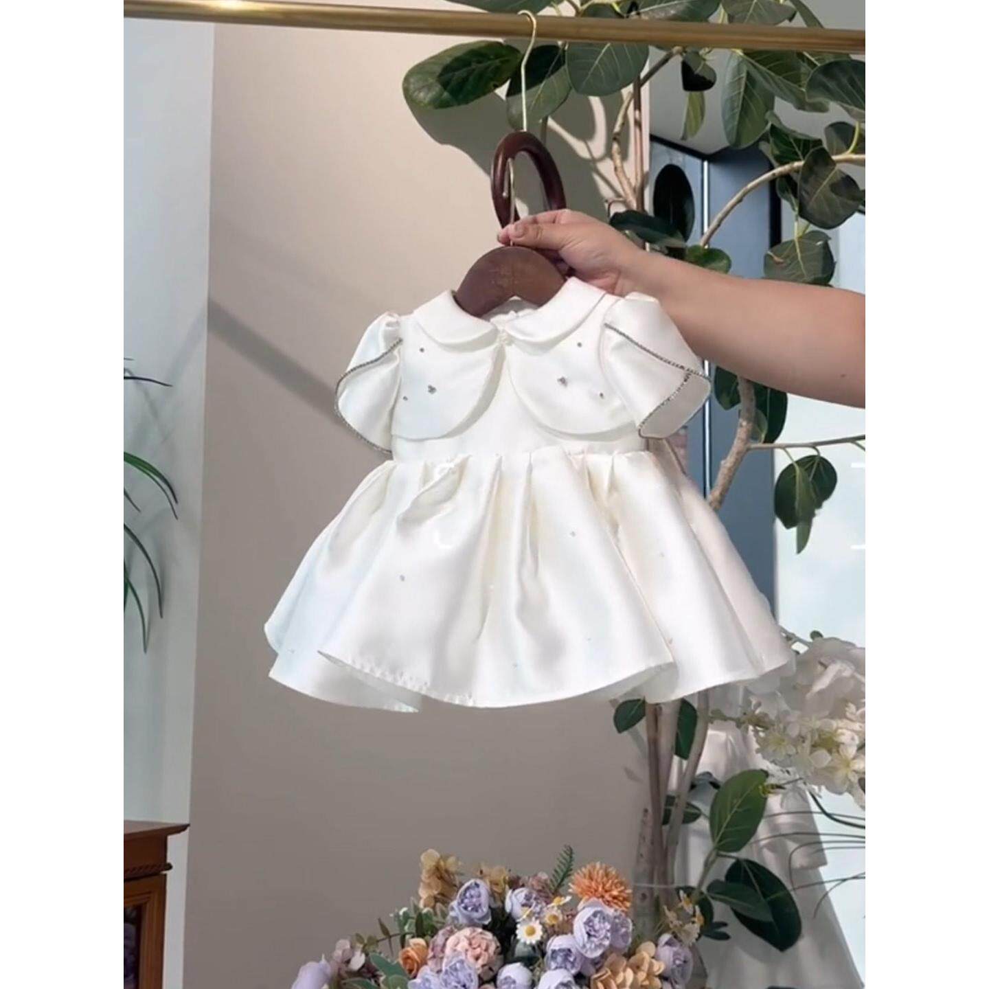 女童公主裙白色娃娃领蓬蓬裙套装女宝宝周岁生日礼服手工钉珠披肩