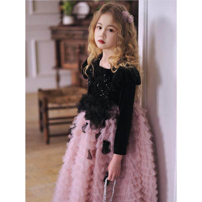 2026女童春夏儿童新款生日礼服蛋糕裙泡泡袖玫瑰花瓣迪士尼公主裙