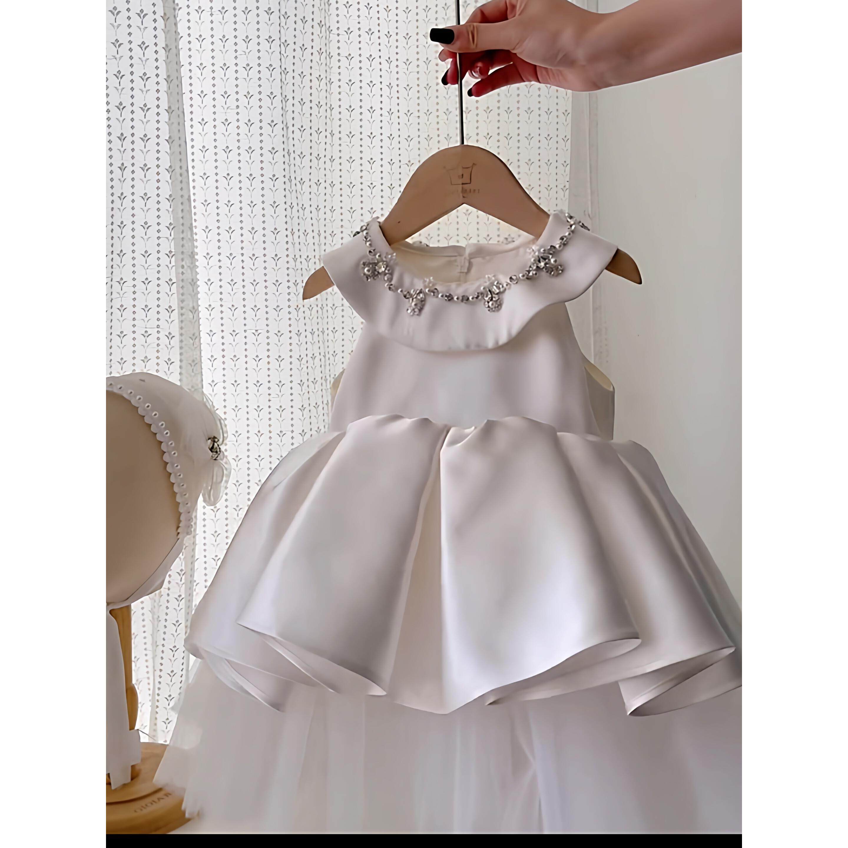 女童白色公主连衣裙儿童生日礼服手工钉珠背心裙网纱裙无袖蛋糕裙