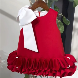 女童公主风红色连衣裙秋冬新款女童蝴蝶结无袖背心裙生日礼服裙子