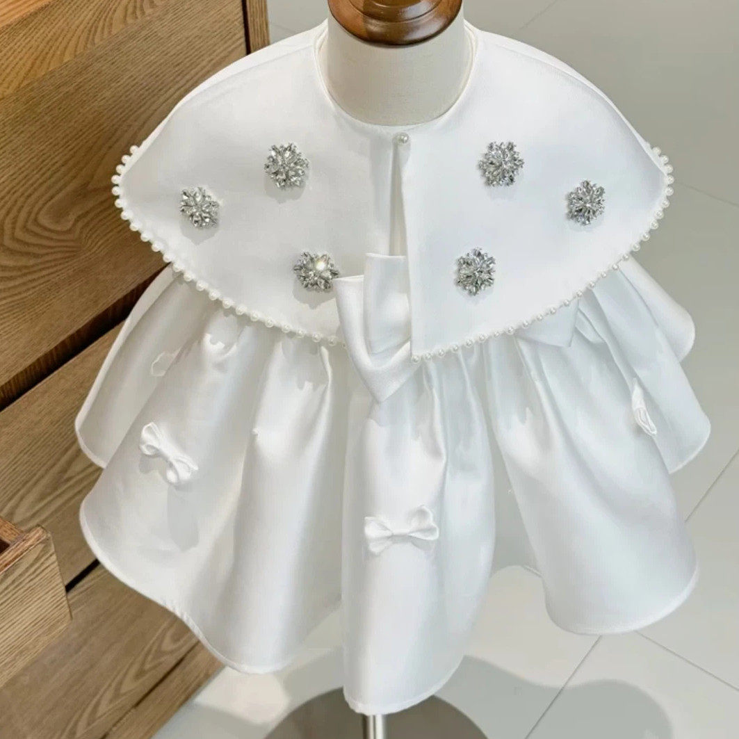 女童千金风白色钉珠披肩蝴蝶结连衣裙生日周岁宴会高级礼服公主裙