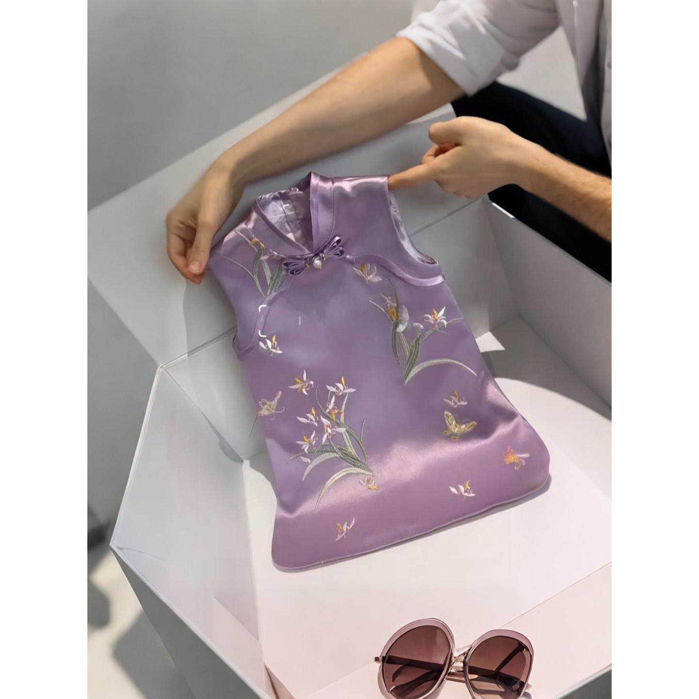 新中式女童紫色蝴蝶结无袖连衣裙女宝宝生日宴礼服国风刺绣旗袍裙
