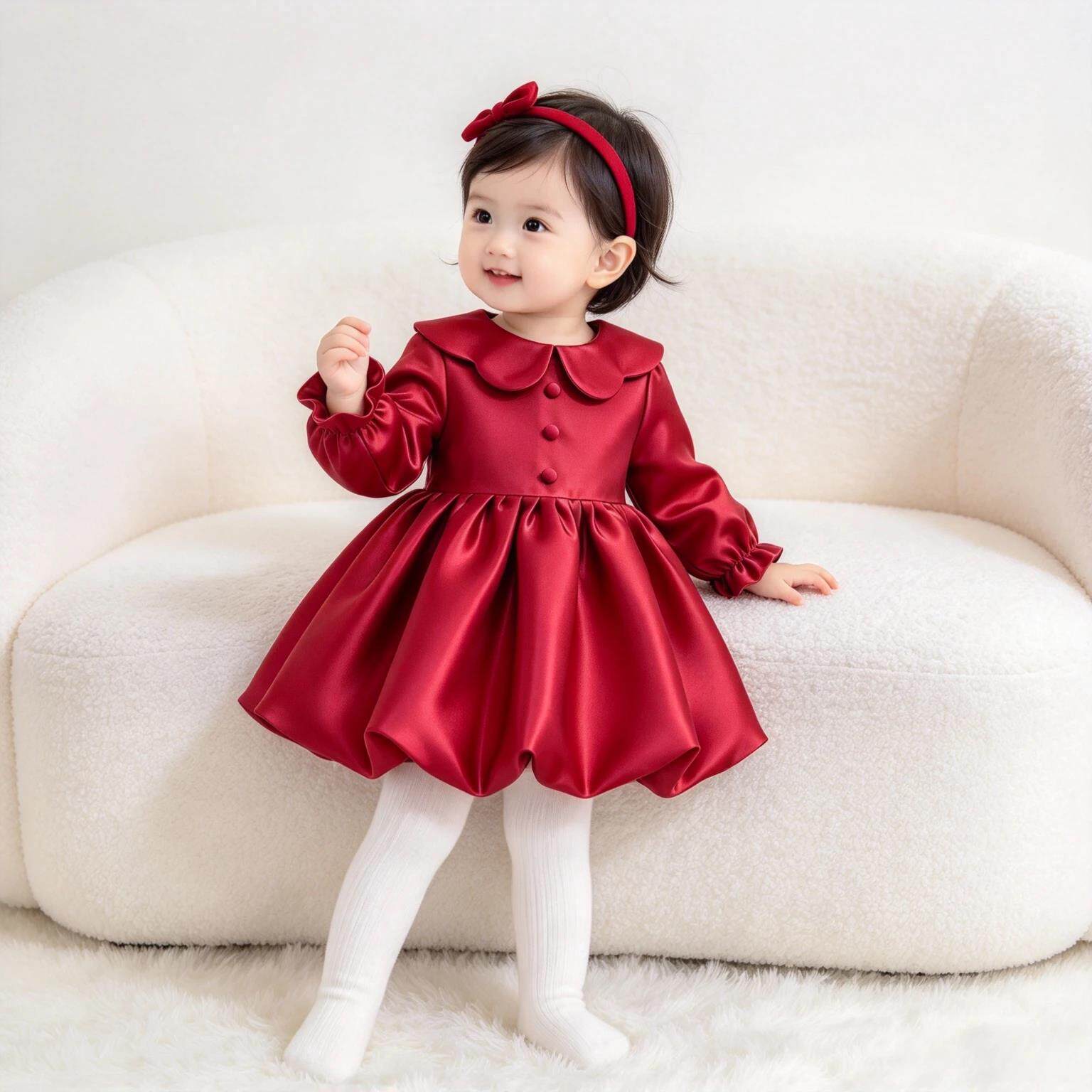 女宝宝红色缎面周岁礼服长袖婴幼儿花瓣领花苞公主裙生日抓周裙子