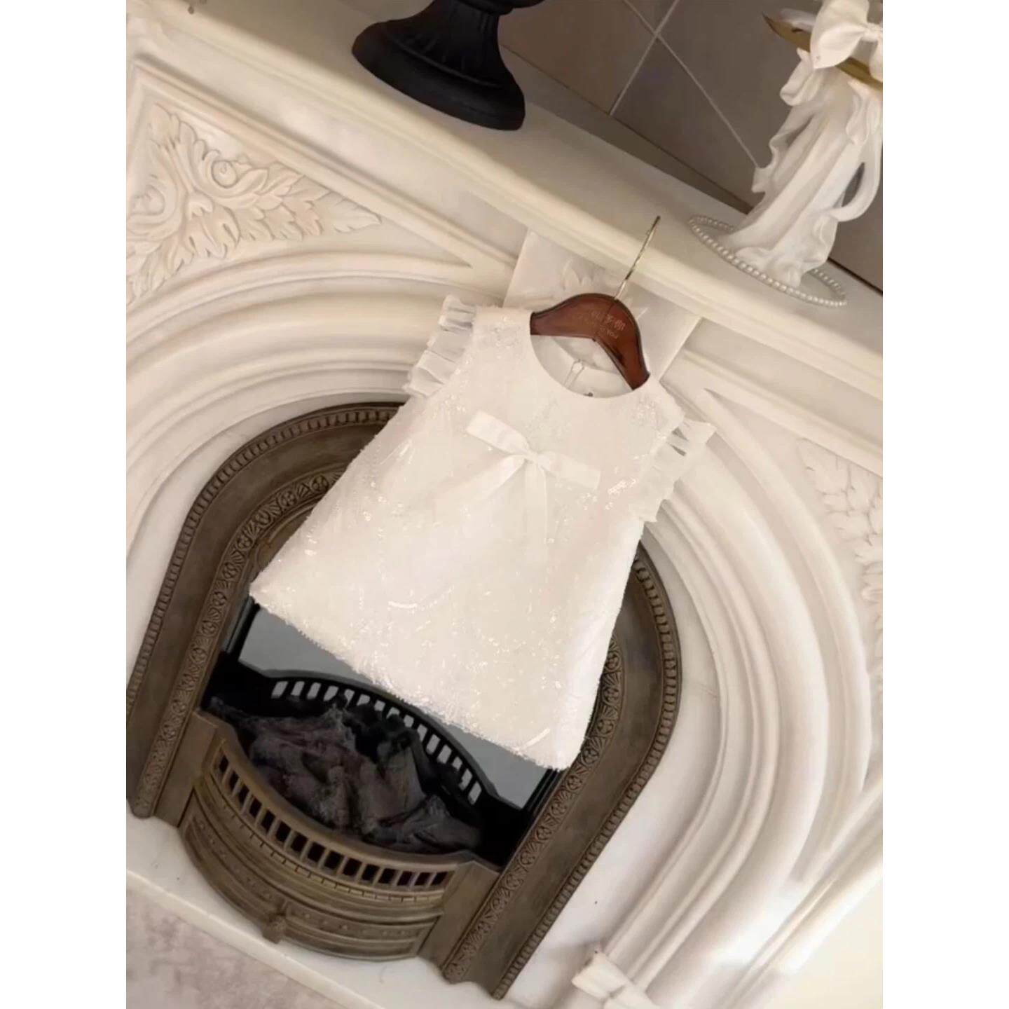 千金女童白色亮片网纱连衣裙宝宝生日礼服飞飞袖蝴蝶结小香风裙子