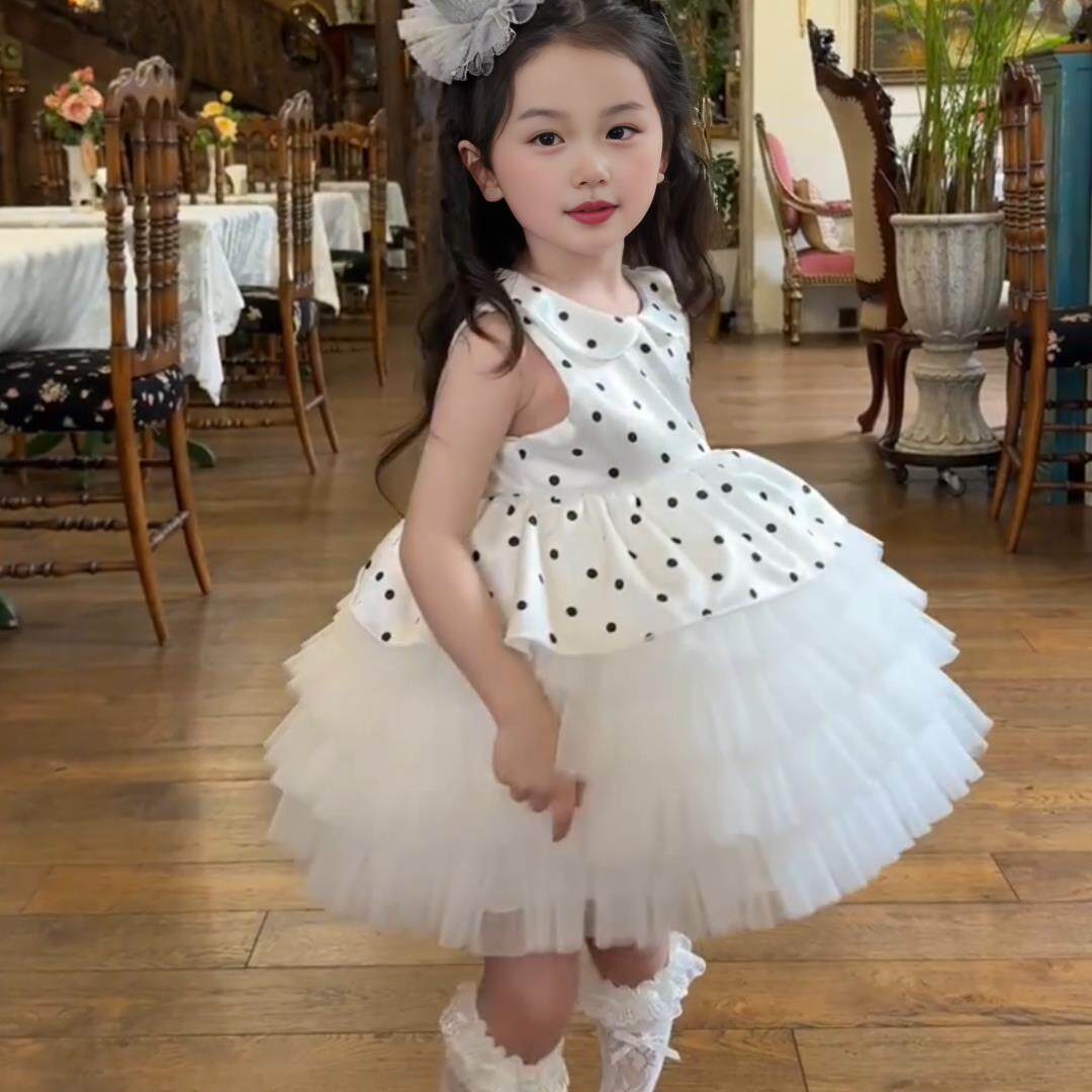 女童白色波点网纱拼接连衣裙女宝宝生日小礼服娃娃领蓬蓬裙公主裙