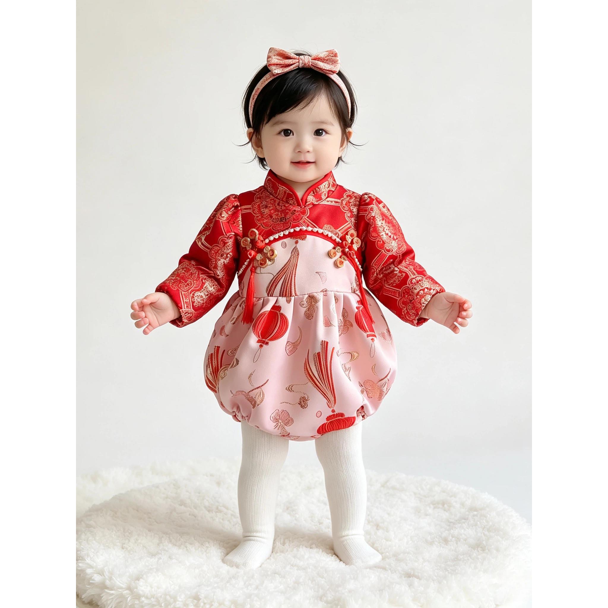 中国风女宝宝唐装连身哈衣秋季长袖婴幼儿百天周岁抓周服甜美礼服