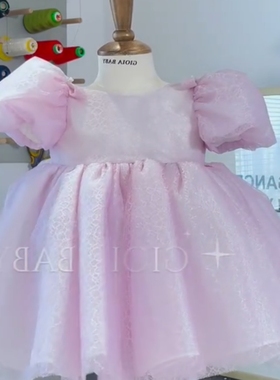甜美公主裙泡泡袖新款女童连衣裙紫色网纱蓬蓬裙洋气周岁儿童礼服