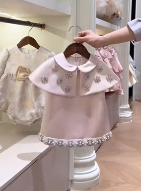 女童粉色生日周岁礼服裙2026新款女宝宝娃娃领珍珠装饰洋气公主裙