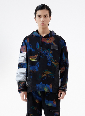 李宁LNG未来玩家系列男子卫衣印花拼接套头连帽运动卫衣FCAC006