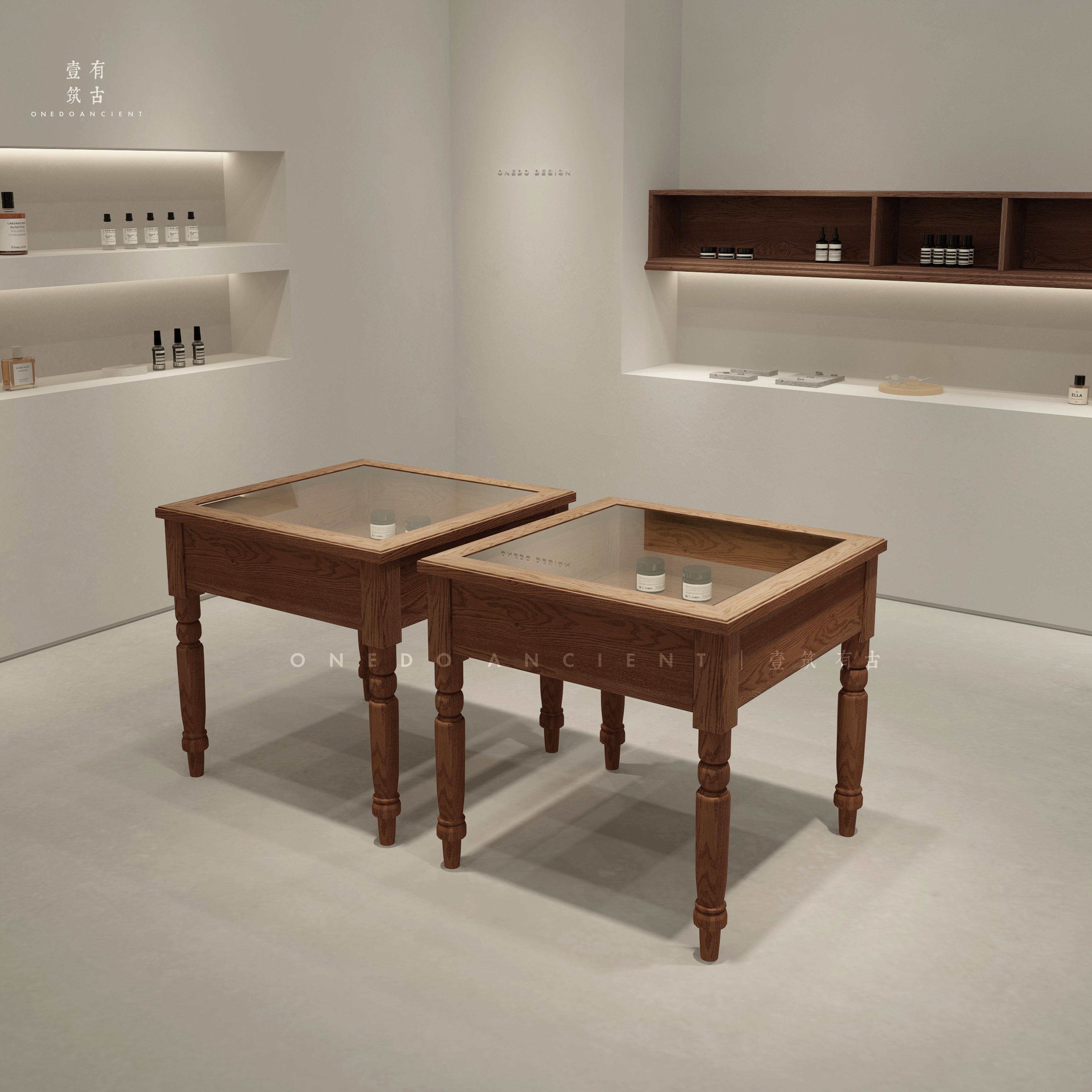 木纹质感展示柜四脚柜中岛柜服装饰品珠宝店铺展柜双面抽屉玻璃柜