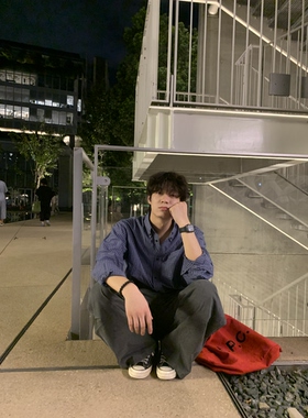 NOBLUE 日系复古蓝色格子长袖衬衫春秋韩版宽松高级感刺绣格纹