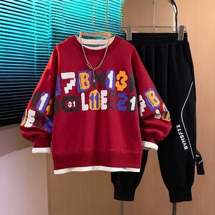 胖男童套装拜年服胖童加肥加大中大童本命年胖孩子红色卫衣两件套