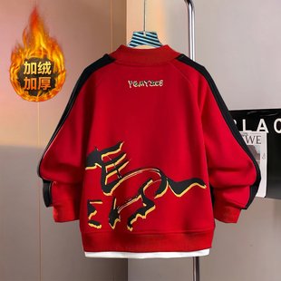大码男童红色卫衣胖童中大童冬季上衣打底衫款式潮流2026拜年新装