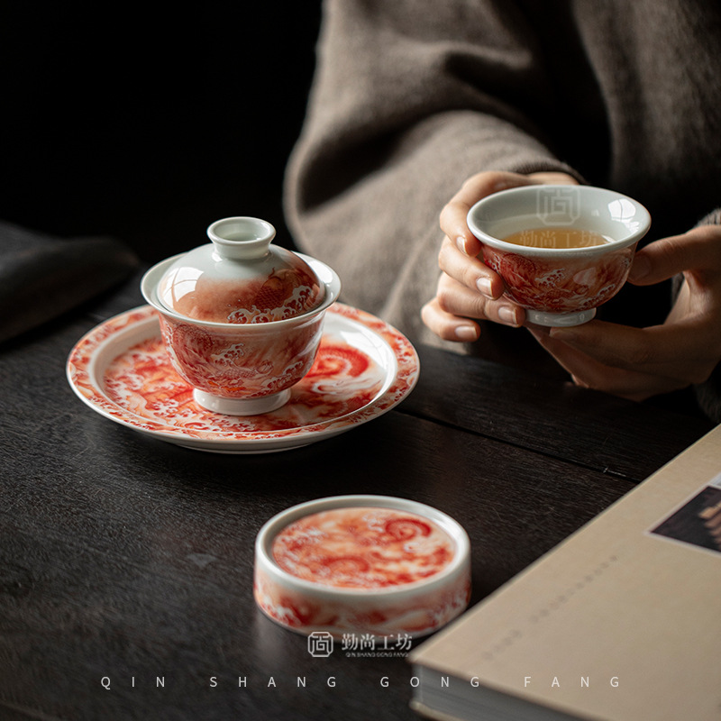 仿古矾红龙纹二才盖碗茶杯品茗杯