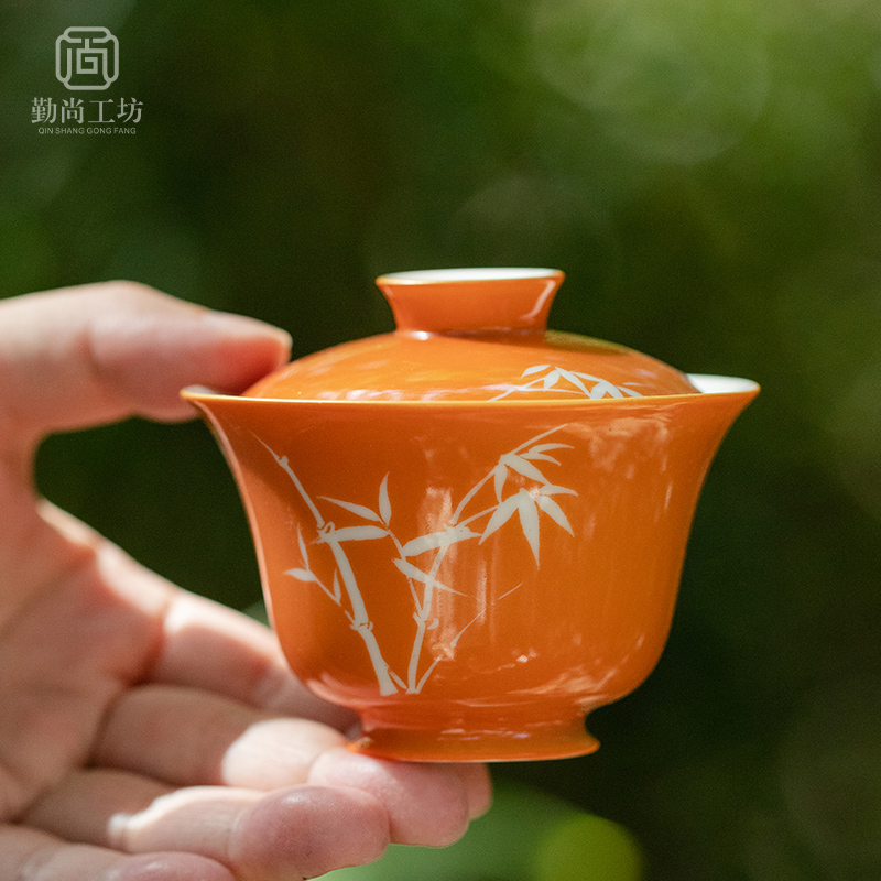 手绘矾红白竹三才盖碗茶杯