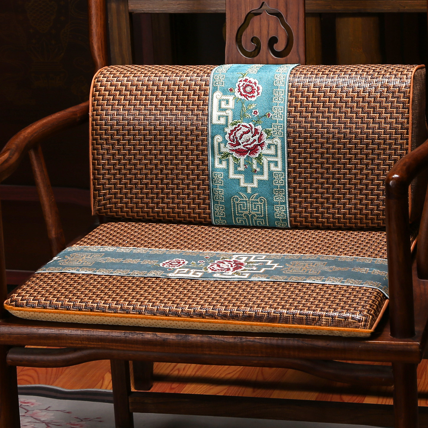 夏季凉席藤席中式红木椅子坐垫透气凉垫实木圈椅茶椅座垫腰靠套装