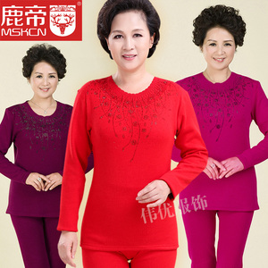 大码中老年女加绒加厚保暖内衣套装老年人胖妈妈装红色本命年秋冬