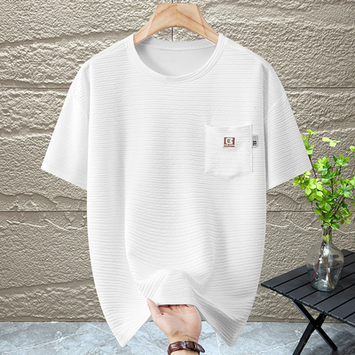 显瘦冰丝大码短袖T恤男宽松休闲高弹口袋上衣潮加肥加大半袖300斤