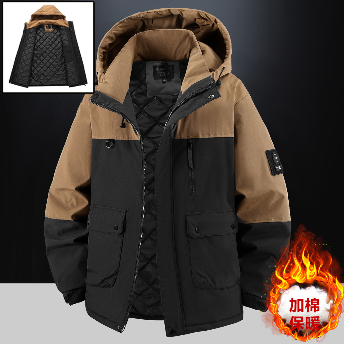 特大码冲锋衣棉服男秋冬季加厚防风外套宽松工装棉衣加肥加大二棉