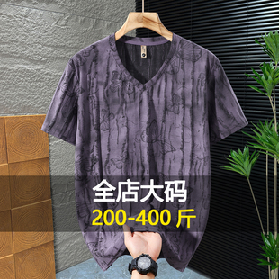 夏季新款大码短袖T恤男潮流加肥加大破洞半袖宽松休闲v领胖哥上衣