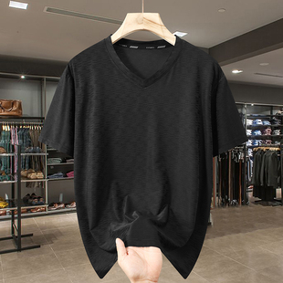 v领加肥加大新款冰丝短袖T恤男宽松休闲大肚子上衣大码夏季350斤