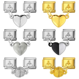 磁吸款爱心形双吊坠意大利模块手链不锈钢DIY弹力表带情侣礼物