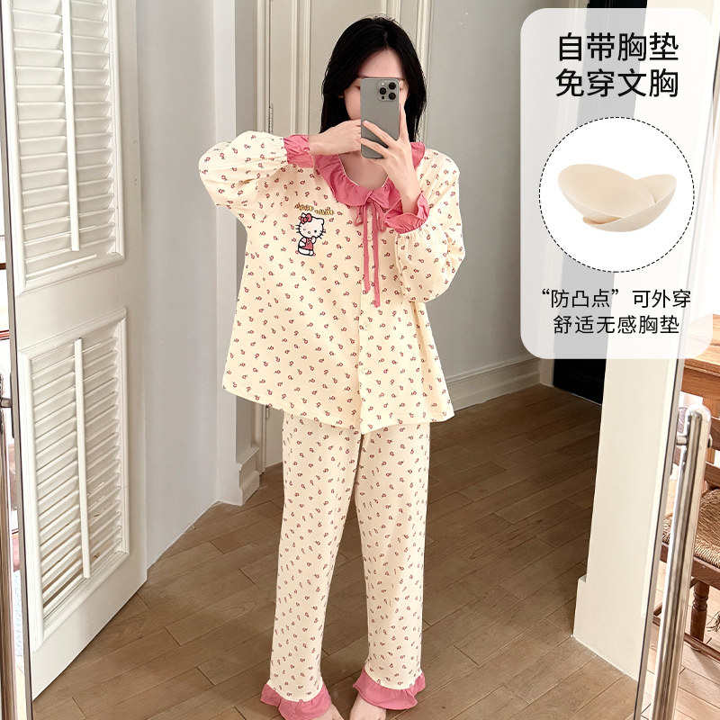 睡衣女春秋季长袖带胸垫卡通套装