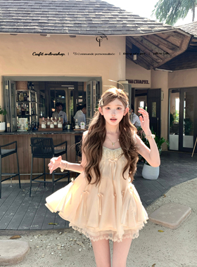 迟伞伞 26/ss 椰香浮云 奶油黄蝴蝶结蕾丝花边蓬蓬无袖甜美上衣