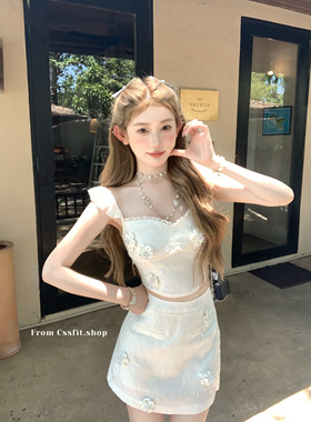 迟伞伞 sst系列 重工刺绣面料手工亮片花朵套装with系带连衣裙夏