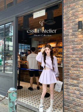 迟伞伞 漫步hk 奶油紫系带刺绣卫衣百褶半裙短裙少女感时髦套装