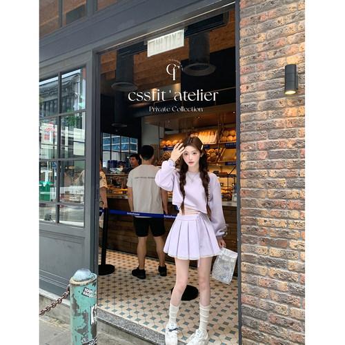 迟伞伞 漫步hk 奶油紫系带刺绣卫衣百褶半裙短裙少女感时髦套装