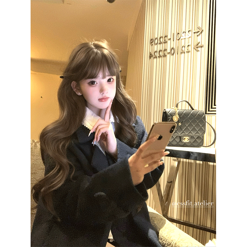 迟伞伞25/fw 半颗橡果 卡其/藏青色双排扣翻领羊毛呢大衣气质外套