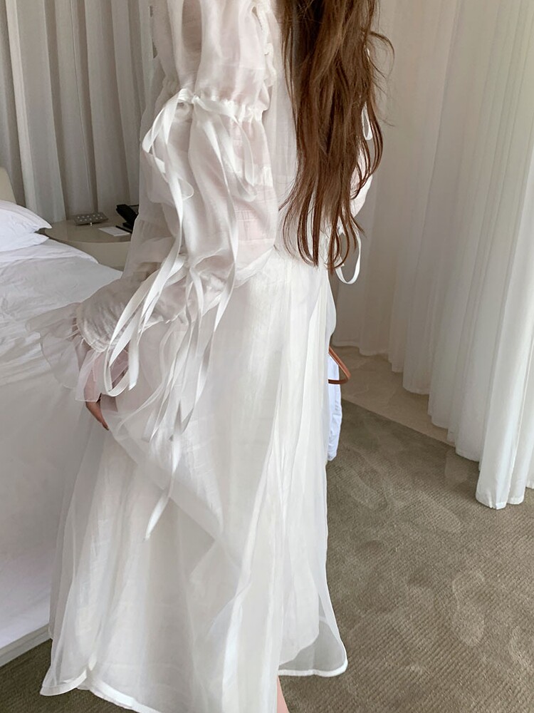 White sheer long-sleeve dress worn by a model