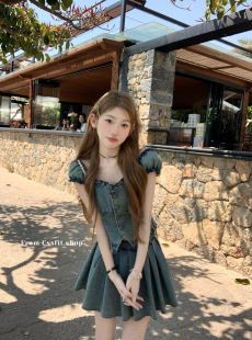 女夏 复古系带水洗牛仔上衣百褶裙短裙时髦套装 迟伞伞 海岸少女