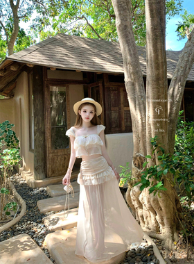 迟伞伞26/ss 粉色珊瑚信 ch1oe蕾丝短上衣褶皱长裙/短裙时髦套装