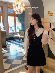 名利场贵气少女miu系黑白花边领真丝醋酸钻扣连衣裙 迟伞伞