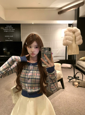 迟伞伞25/fw 庄园晨报  Ralph编织格纹针织上衣短款收腰开衫女